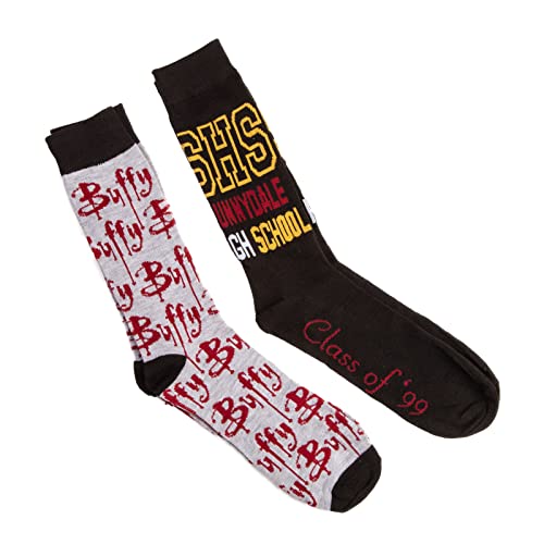 Hypnotic Hats Buffy the Vampire Slayer 2 Pack Adult Socks - Sunnydale High and Logo Design Crew Length Socks - Black/Grey Size 6-12