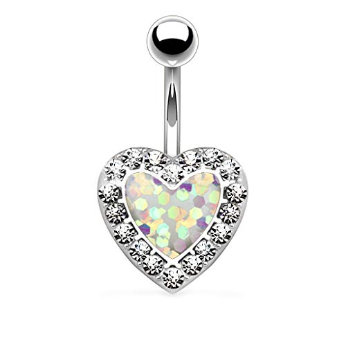 Pierce2GO 14G Silver 316L Silver Surgical Steel White Heart Belly Button Ring with Clear Stones 9/16' Barbell Body Piercing Jewelry Women