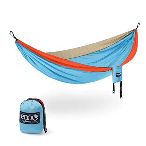 ENO, Eagles Nest Outfitters SingleNest Lightweight Camping Hammock, Powder Blue/Orange/Khaki