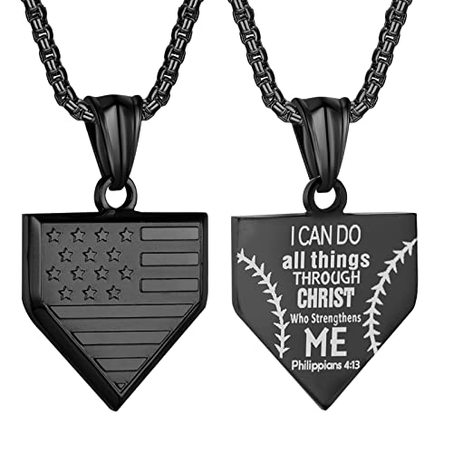 HattiDoris Baseball Home Plate Necklace for Men USA Flag Shield Pendant Stainless Steel Chain 22+2 inch Inspirational Patriotic Jewelry Personalized Baseball Gift for Boys（Black）