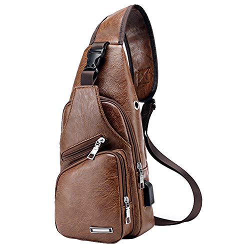 JUMO CYLY Men's Leather Sling Bag,Chest Shoulder Daypack Waterproof Crossbody Bag with USB, One Size, Light Brown