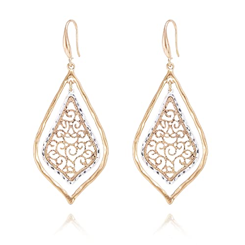ALLISON ROSE ATELIER – Large Dangle Earrings for Women - Handmade Filigree Two Tone Gold and Silver Plated Earring Set – Long Drop Fashion Boho Earrings