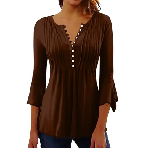 today 2024 deals of The day clearance prime Fall Tops for Women 2024 Trendy Solid Tunic Shirts 3/4 Bell Sleeve Button v Neck Tshirt Casual Blouse today 2024 Brown-1 L