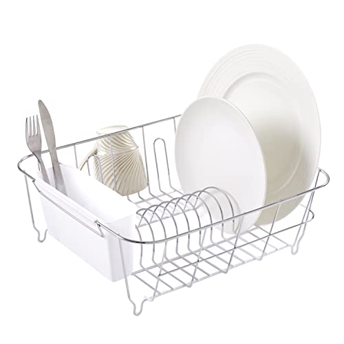 Sweet Home Collection Metal 2 Piece Dish Drying Rack Set Drainer with Utensil Holder Simple Easy to Use Fits in Most Sinks, 14.5' x 13' x 5.25', White