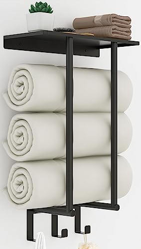 BETHOM Towel Rack with Metal Shelf and 3 Hooks for Small Bathroom, Towel Storage Wall Can Holds Up to 3 Large Size(63x40 inch) of Rolled Towels, Black