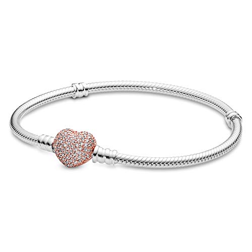 Pandora Moments Sparkling Heart Clasp Snake Chain Bracelet - Two-Tone Charm Bracelet for Women - Compatible Moments Charms - Sterling Silver, Cubic Zirconia Rose Gold - 7.1'
