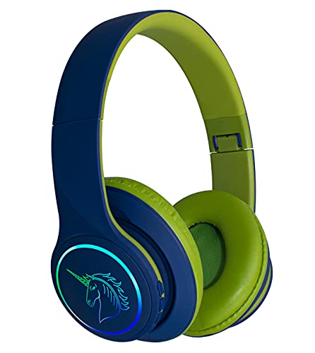 YUSONIC Wireless Headphones with Unicorn led Lights, Kids Headphones Bluetooth for Boys Over Ear for School/Travel/Phone/Kindle/pc/tv / MP3/tablet/laptop. (Blue Green)