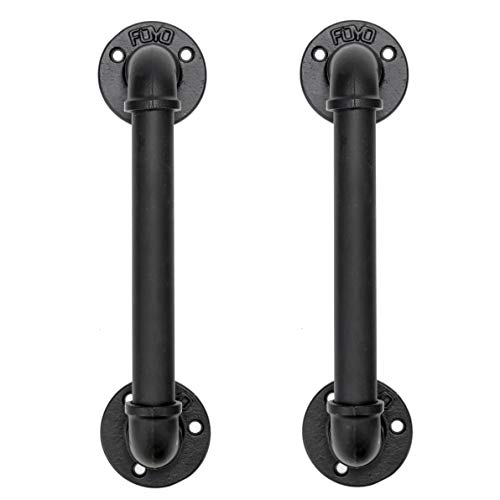 FOYO Set of 2 Industrial Pipe Door Pull Handle, Grab Bar, Towel Bar, Antique Rustic Cast Iron Handrail - Matte Black, 12 Inch