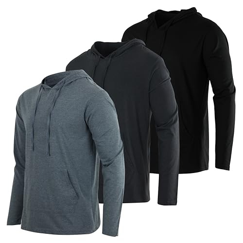 3 Pack: Men’s Cotton Lightweight Hoodie Long Sleeve Hooded T Shirt Sweatshirt French Terry Casual Performance Active Athletic Workout Gym Quick Dry Fit Jersey Pullover UPF 50 Outdoor-Set 4,M