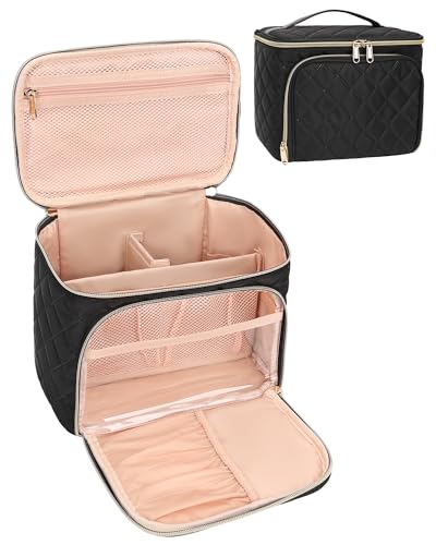 Relavel Makeup Bag, Large Makeup Bag Organizer with Brush Holder, Travel Makeup Case, Cosmetic Bags Toiletry Bag for Women Girls, Waterproof Lining & High Dividers for Taller Liquids (Black)