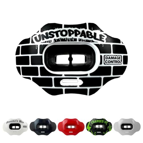 DAMAGE CONTROL Mouth Guard - Breathable Football Mouthpiece and Youth Mouth Guard Works with Braces, No Boiling - Helmet Strap Included (Unstoppable)