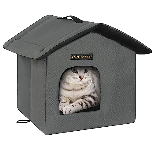 Rest-Eazzzy Cat House for Outdoor Cats, Weatherproof and Insulated Feral Cat House with Mat and Clip, Easy to Put Together, Selfwarming Cat Shelter for Winter(Grey, Waterproof House-S)