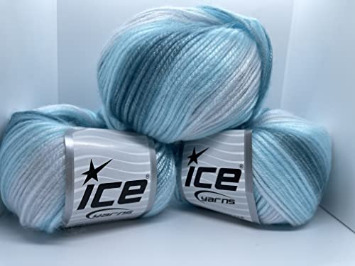 Ice Yarns Picasso 3 Pack - Sea Foam - Pale Aqua, Blues, White Fuzzy with Subtle Sheen Worsted Weight, 3x125 Yards (3x115meters) 3x1.76 Ounces (3x50 Grams)