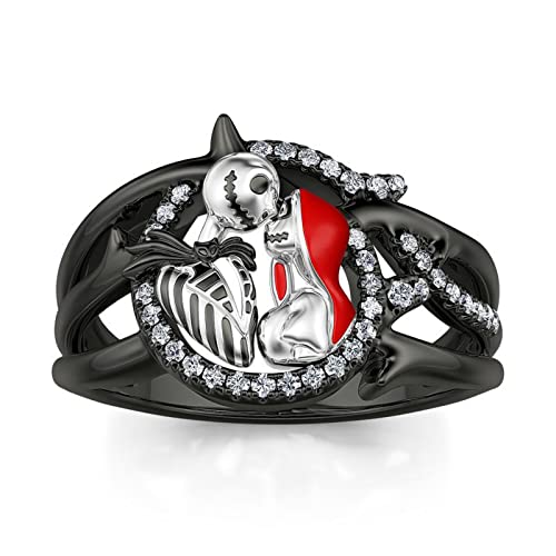 Jeulia Gothic Skull Diamond Rings: Sterling Silver Jack and Sally Skeleton Rings Band Halloween Romantic Nightmare Jewelry for Her Teen Girls Engagement Anniversary Christmas with Gifts Box (Everlasting Love, 5)