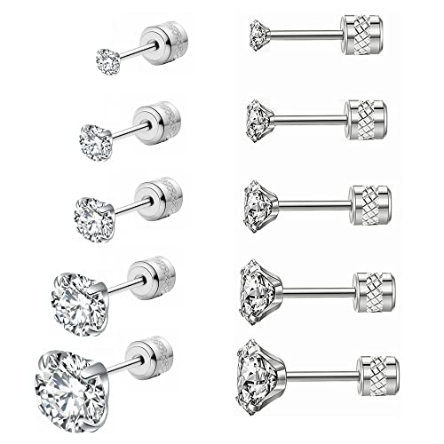 5 Pairs Screw Back Stud Earrings,Hypoallergenic Stainless Steel Cubic Zirconia Double Sided Ear Ringing for Women Men Cartilage Tragus Earring 2-6mm(Silver)
