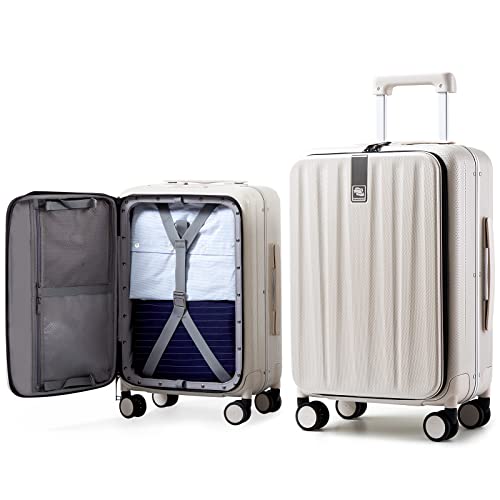 Hanke Luggage Hardside Suitcase with Wheels & Front Opening, 24in Large Checked in Luggage Aluminum Frame PC Rolling Suitcases Travel Bag TSA Lock - Ivory white