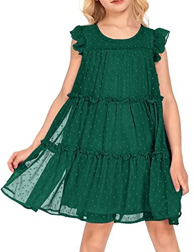 Arshiner Girls Babydoll Dresses Flared Sleeve Swiss Dots Swing Loose Fit Midi Dress for Tea Party 4-5 Years Dark Green