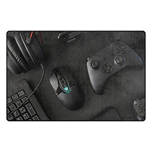 Gamer Work Space Concept Scrapbook Mouse, Keyboard, Joystick, Headset 60'x39' Non-Slip Area Rug, Floor Entry Welcome Mat, Bathroom Home Doormats, Front Door Mats Carpets Rugs for Outdoor Indoor