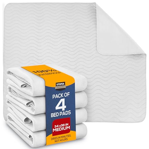 Utopia Bedding Waterproof Incontinence Bed Pads 34 x 36 Inches (Pack of 4, White), Washable and Reusable Underpads for Adults, Elderly and Pets, Absorbent Protective Pads