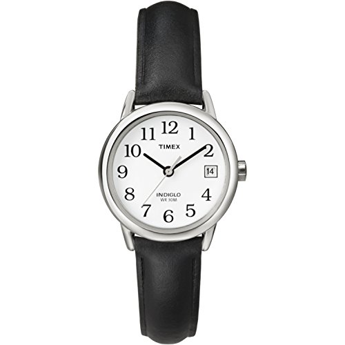 Timex Women's Easy Reader 25mm Watch – Silver-Tone Case White Dial with Black Leather Strap