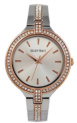 Ellen Tracy Womens Watch Alloy Case 32 mm with Rose Gold Tone Bezel Stainless Steel Jewelry Clasp Sunray Dial Taper Bracelet Rose Gold Hands