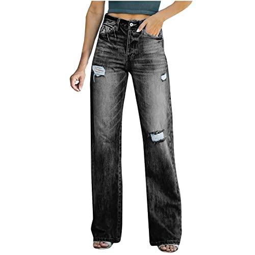 SMIDOW Amazon Warehouse pallets for Sale Womens Slacks Women Straight Leg Ripped Jeans Bootcut Jeans Denim Pants Floor Length Fashion Teen Girls Jeans Bottoms Relaxed Fit Black S