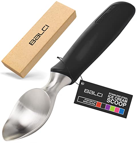 BALCI Ice Cream Scoop - Heavy Duty Stainless Steel Icecream Scooper With Non-Slip Rubber Grip - Professional Metal Ice-Cream Spade - Dishwasher Safe – Black