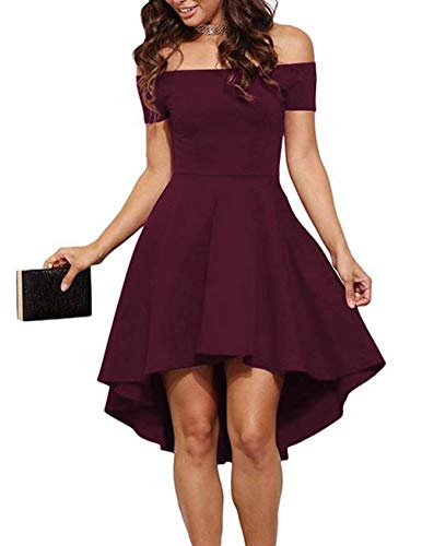 Sarin Mathews Women Off The Shoulder Short Sleeve High Low Cocktail Skater Dress Burgundy M