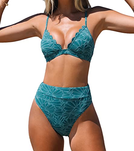 CUPSHE Bikini Set for Women Bathing Suit High Waisted Scalloped V Neck Two Pieces Swimsuit L Cyan