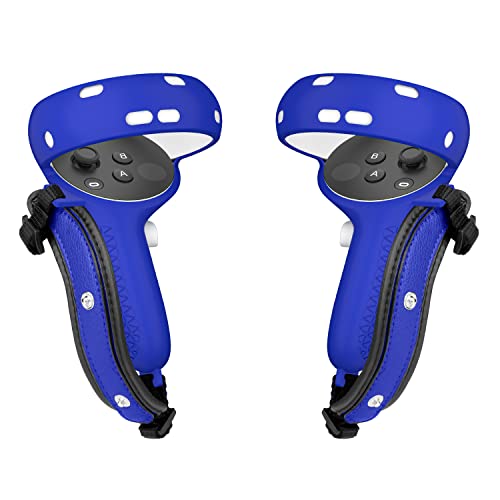 Touch Controller Grip Leather Cover for Oculus Quest 2, EWalos Double Protection Anti-Throw Silicone Handle Cover with PU Leather Knuckle Strap, DSLR Hand Strap Style Design(Blue, 1 Pair)