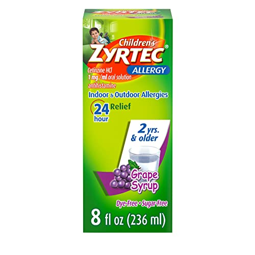 Zyrtec 24 Hour Children's Allergy Syrup with Cetirizine HCl, Antihistamine Allergy Medicine for Indoor & Outdoor Allergy Relief for Kids, Dye-Free & Sugar-Free, Grape Flavor, 8 fl. oz