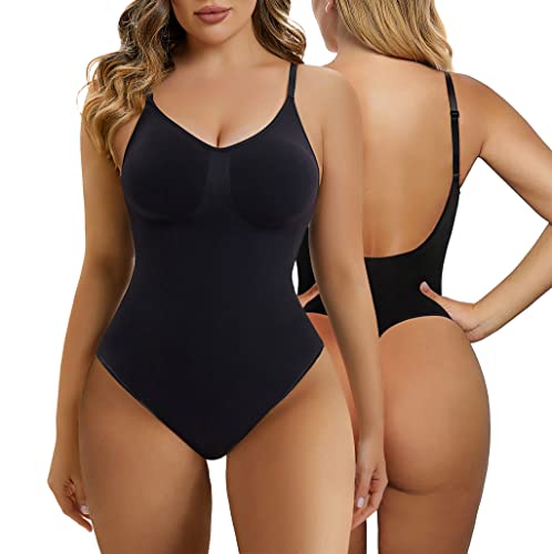 SHAPERX Low Back Bodysuit for Women Tummy Control Shapewear Seamless Sculpting Body Shaper Thong Tank Top,SZ5266-Black-S/M
