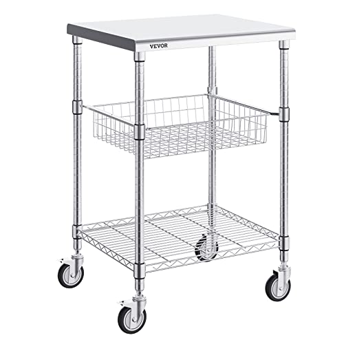 VEVOR Kitchen Utility Cart, 20'x24'x36.6' 3 Tiers Wire Rolling Cart, 470LBS Capacity Steel Service Cart with Brake Wheels, Storage Trolley with 76mm Basket PP Liner 6 Hooks, for Indoor & Outdoor Use