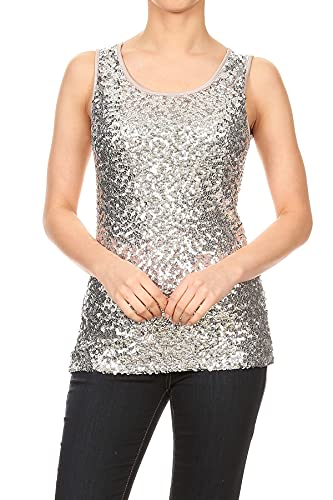 Anna-Kaci Womens Sparkle & Shine Glitter Sequin Embellished Sleeveless Round Neck Tank Top, Silver, XX-Large