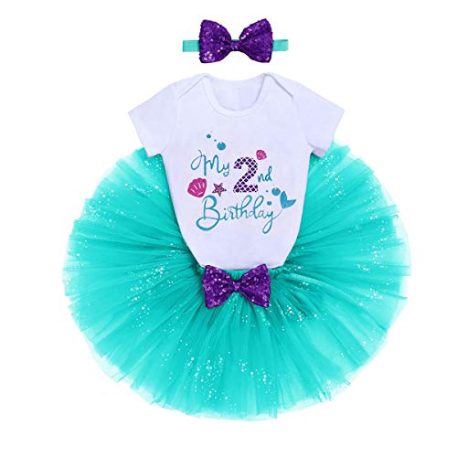 Mermaid 2nd Birthday Outfit Baby Girl My First Second Birthday Cake Smash Photo Props Romper Little Mini Tutu Skirt Headband I’m Two Year Old Summer Nautical Ocean Themed Birthday Party Supplies Green