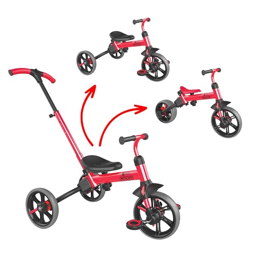 Yvolution 4 in 1 Toddler Trike Y Velo Flippa Push Tricycle Toddler Balance Bike with Parent Steering Push Handle for Boys Girls 2-5 Years Old (Ruby Red)