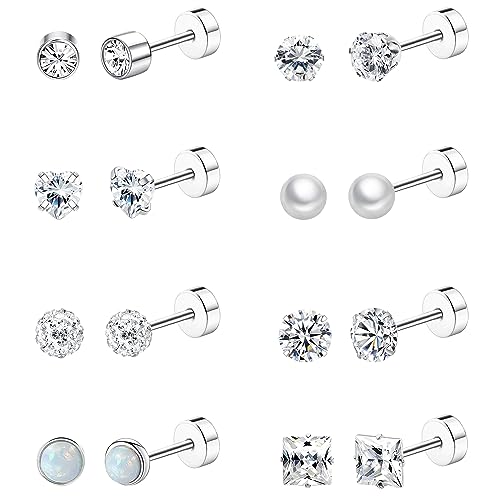 Staligue 8 Pairs Flat Back Stud Earrings for Women Hypoallergenic Stainless Steel Earrings Set Flatback Cartilage Earrings (Silver)