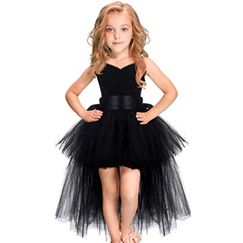HJTT Tutu Dress for Girls Black Train V-neck Tulle Evening Wedding Birthday Party Dresses Kids Ball Gown (Black, 5-6 Years)