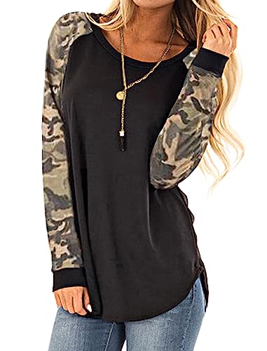Halife Womens Color Block Raglan Shirt Long Sleeve Camo Tops Lightweight Sweatshirts Black XL
