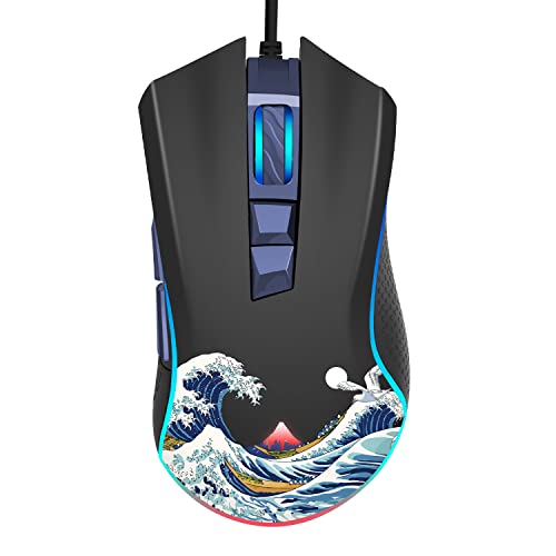 COSTOM XVX G705 Wired Gaming Mouse, RGB Backlit PC Gaming Mouse with Adjustable 12000DPI/7 Programmable Buttons, Gamer Computer USB Mouse for Windows Mac Laptop PC, Great Wave Off Kanagawa