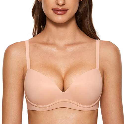 DOBREVA Women's Push Up Bra No Underwire Comfortable Wireless Bras Padded Plunge Blush Beige 42C