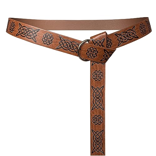 HiiFeuer Medieval Embossed PU Leather O Ring Belt, Retro Renaissance Knight Belt (Brown B)