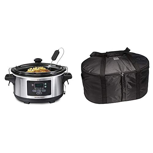 Hamilton Beach Portable 6-Quart Set & Forget Digital Programmable Slow Cooker With Temperature Probe & Travel Case & Carrier Insulated Bag for 4, 5, 6, 7 & 8 Quart Slow Cookers