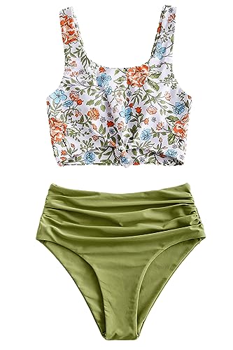 ZAFUL Women's Knotted Front Tankini Set High Waisted Bikini Scoop Neck Two Pieces Swimsuit (Plant Print-Green, M)