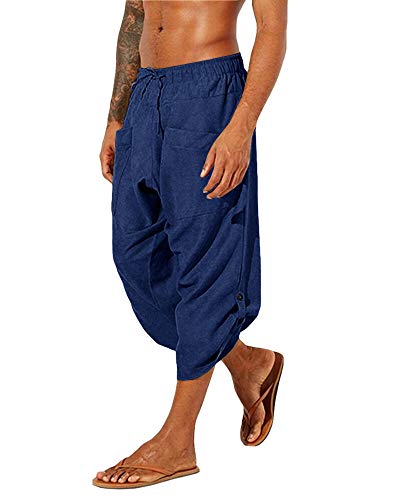 Gafeng Mens Linen Harem Capri Pants Drawstring 3/4 Shorts Casual Beach Yoga Hippie Thai Pants
