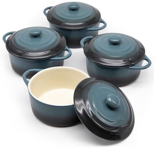 Ceramic Mini Cocotte Set, by Kook, Small Casserole Dish with Lids and Handles, Individual Baking Ramekins, Oven, Microwave & Dishwasher Safe, Stoneware, 12 oz, Set of 4