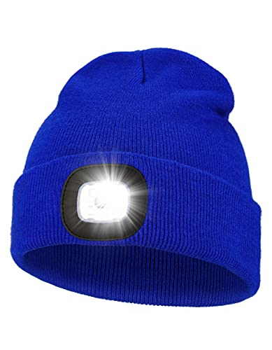 Unisex LED Beanie with Light, USB Rechargeable Hands Free LED Headlamp Hat, Knitted Night Light Beanie Cap Flashlight Hat, Men Gifts for Dad Father Husband (RoyalBlue)