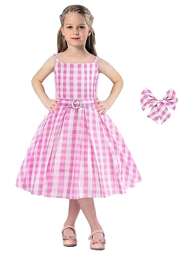 Kids Doll Princess Movie Heroine Costume Dress Girls Halloween Costume Princess Cosplay Pink Plaid Dress with Pearl Buckled Belt Bow Hairpin ZF011S