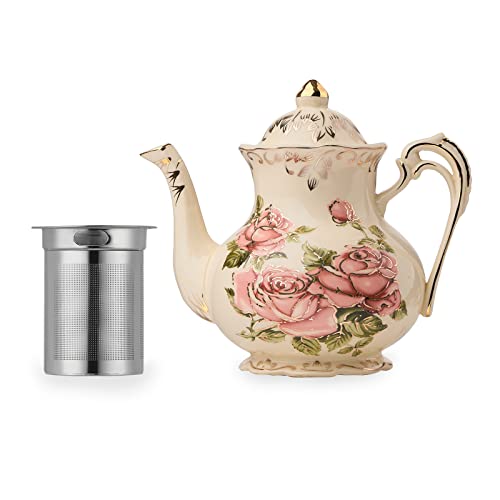 YOLIFE Flower Teapot, 42oz Tea Pot with Removable Infuser, Teapots for Loose Leaf, Ceramic Teapot with Vintage Floral and Gold Leaves Design (Rose)