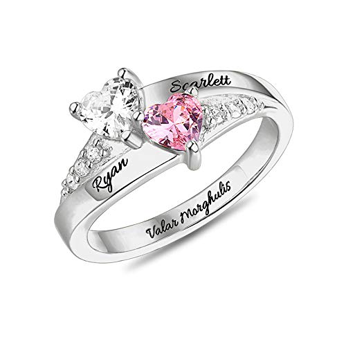 AILIN Promise Rings For Her 925 Sterling Silver/Brass Custom 2 Heart Birthstones And Engraving Name Ring Wedding Engagement Valentine's Day Jewelry With Gifts Box